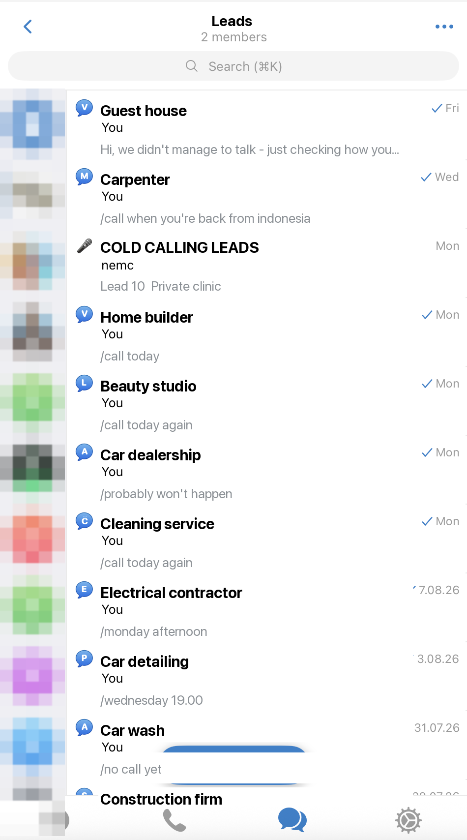 Telegram lead list showing each lead with its next follow-up action.