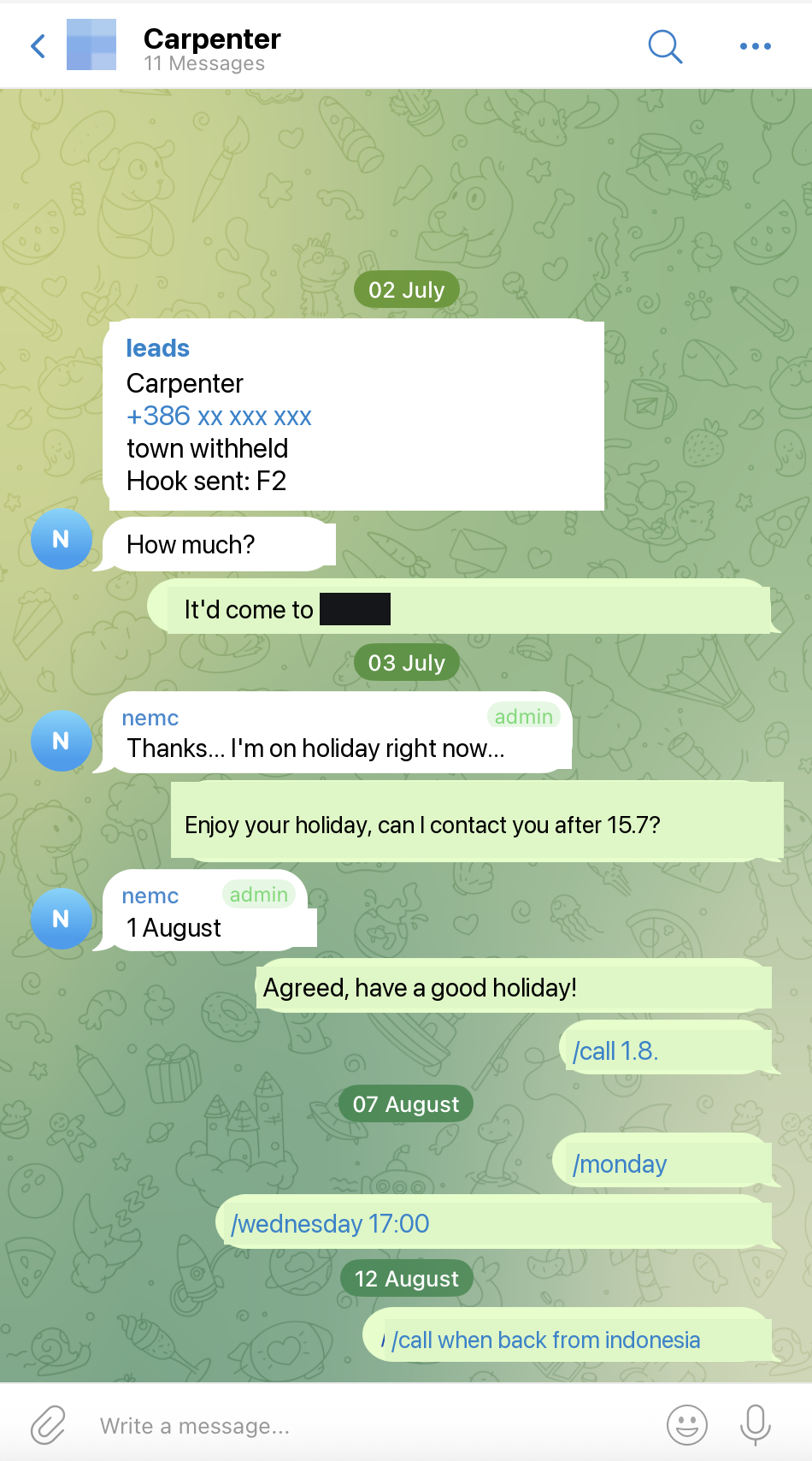 A real reply thread in Telegram, from first reply through to booking a call.