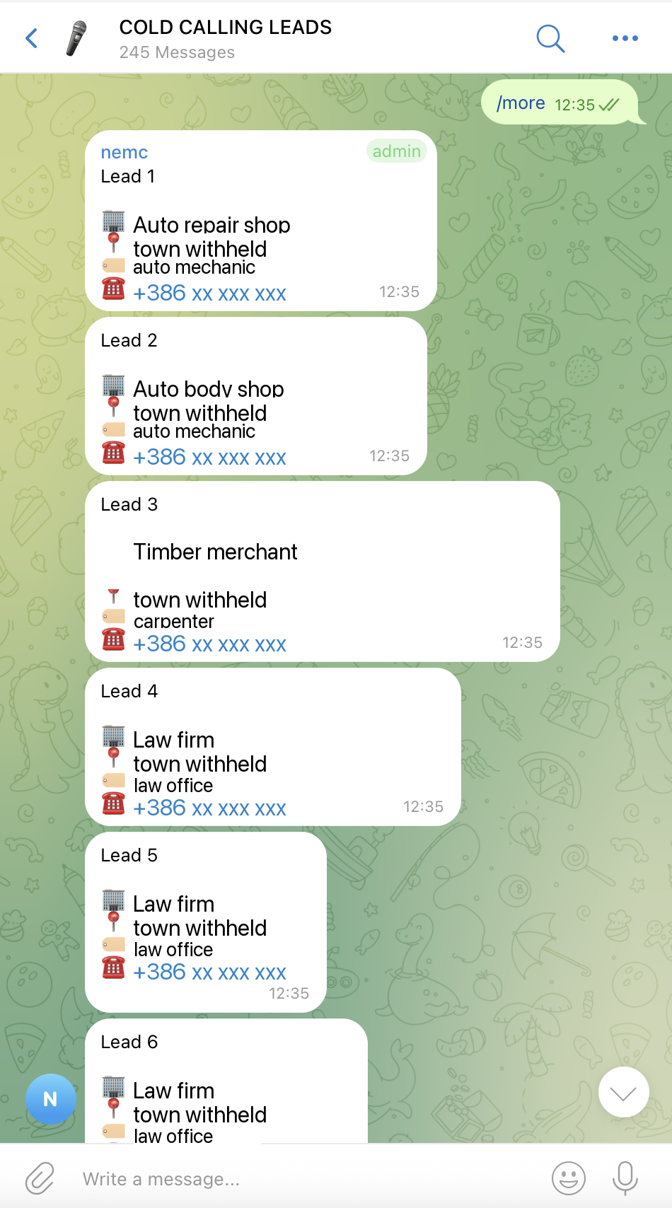 Telegram channel listing incoming leads, with business names and phone numbers removed.